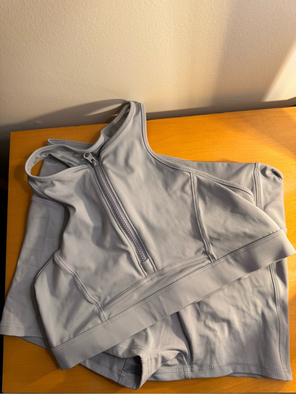 Fabletics Light Gray Zip-Front Athletic Crop Top and Shorts Set